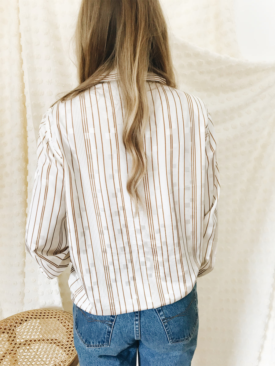 vintage tan white stripe button down shirt