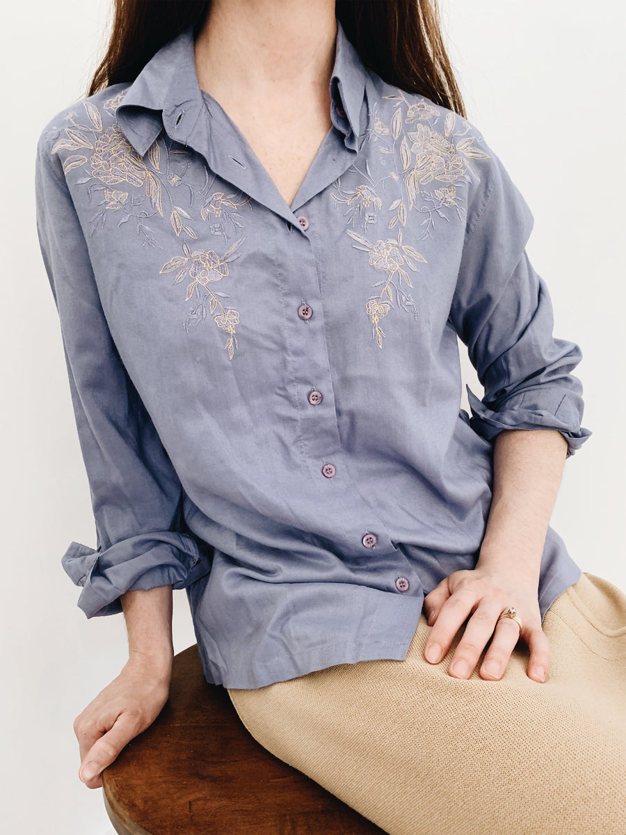 arlee park vintage floral embroidered periwinkle button-up top