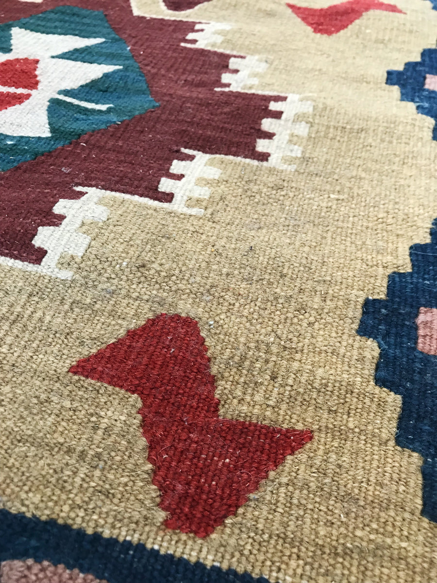 vintage handknotted tan red pink blue pattern 2x3 kilim rug